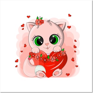 Funny cat with a big red heart Posters and Art